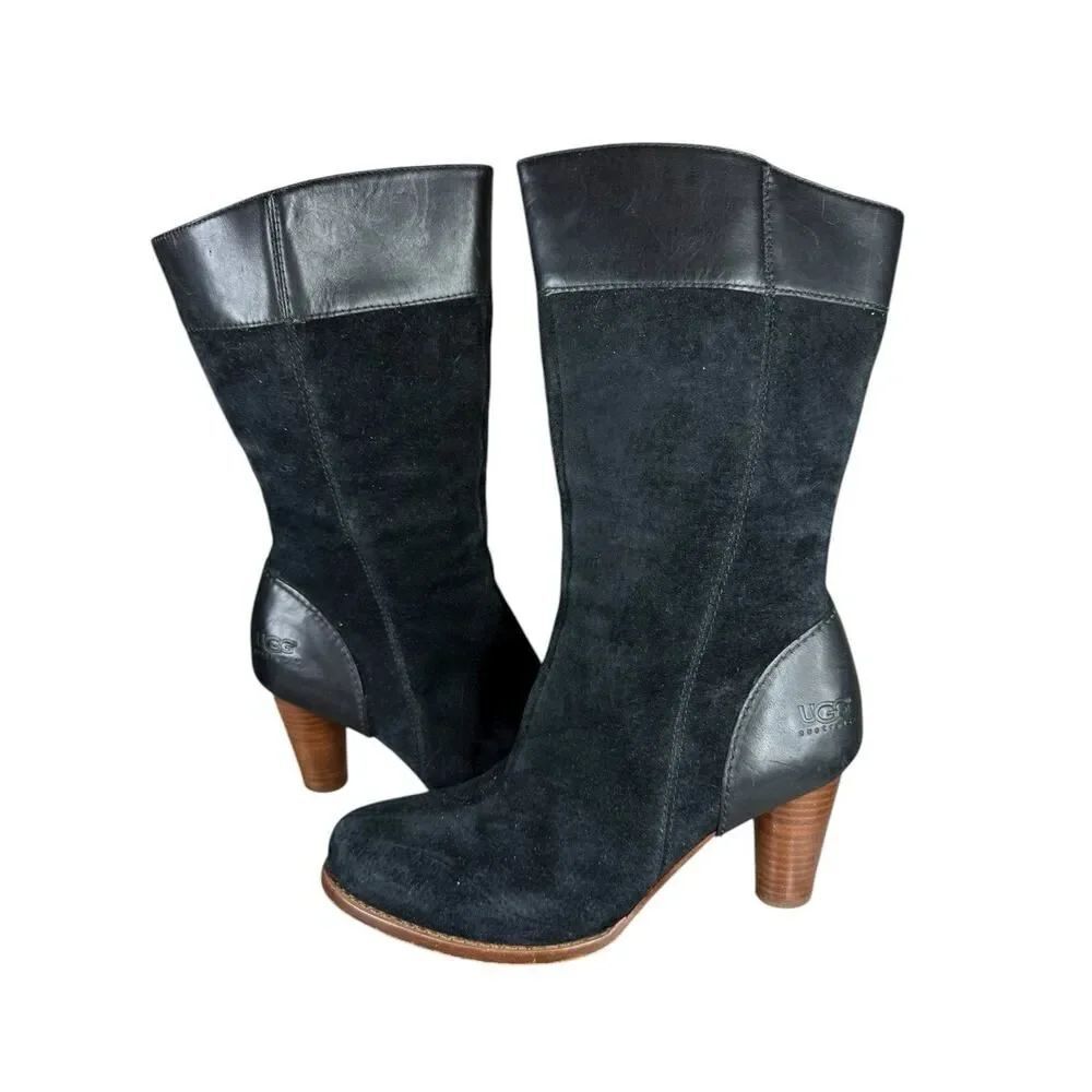 UGG Australia Black SuedeβLeather Mid Calf Boots Size 8 | Block Heel Zip Up